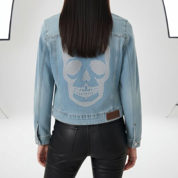 NWT $498 ZADIG & VOLTAIRE Kioky studded skull fitted denim jacket S - Picture 1 of 16